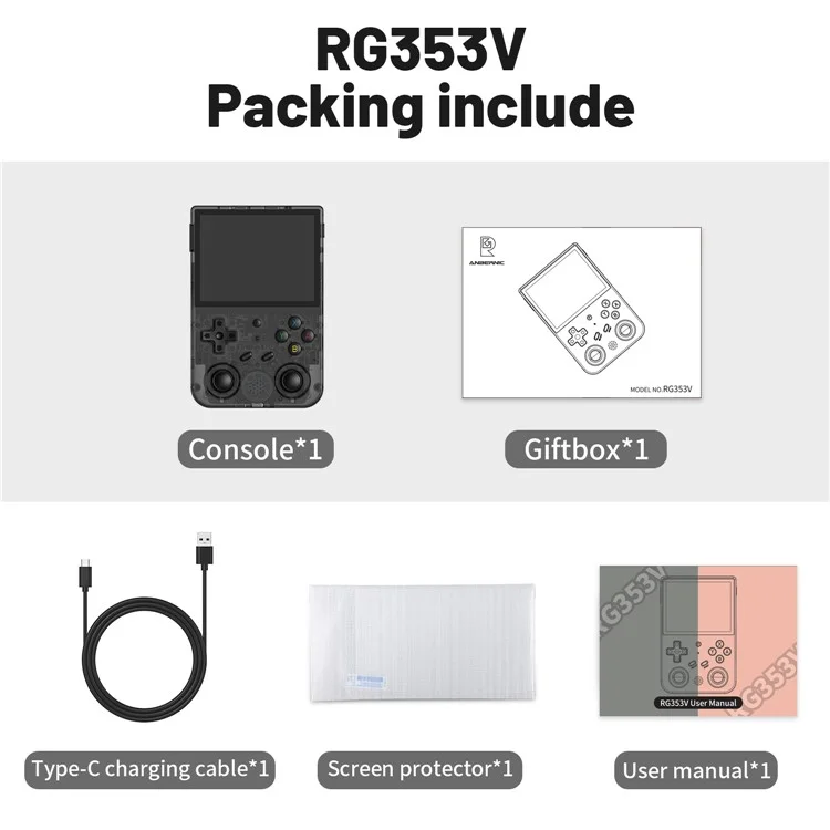 ANBERNIC RG353V Handheld Game Console with 32G+128G TF Card (Built-In 25000 English Games) - Transparent Black