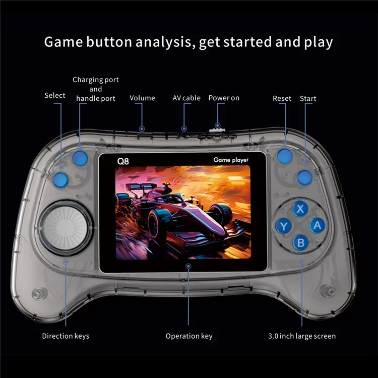 Consola de juegos retro Q8 con controlador de mano incorporado 800 juegos para 2 jugadores - Gris transparente