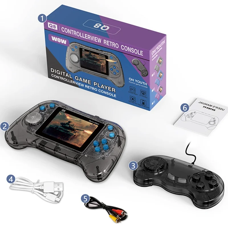 Q8 Retro Game Console with Handheld Controller Built-In 800 Games for 2 Players - Transparent Blue