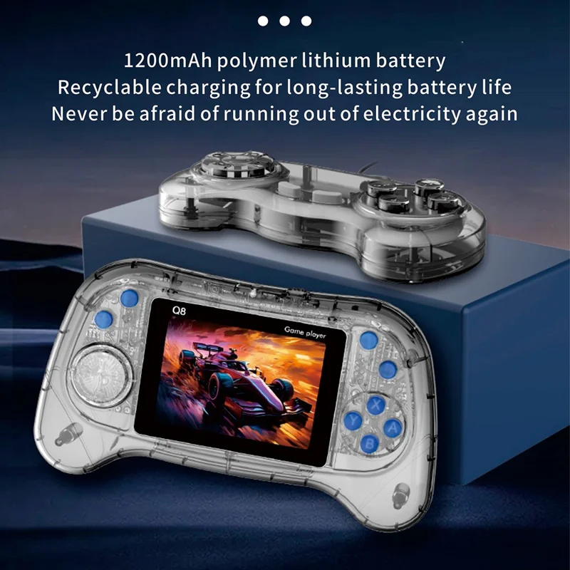 Q8 Retro Game Console with Handheld Controller Built-In 800 Games for 2 Players - Transparent Blue