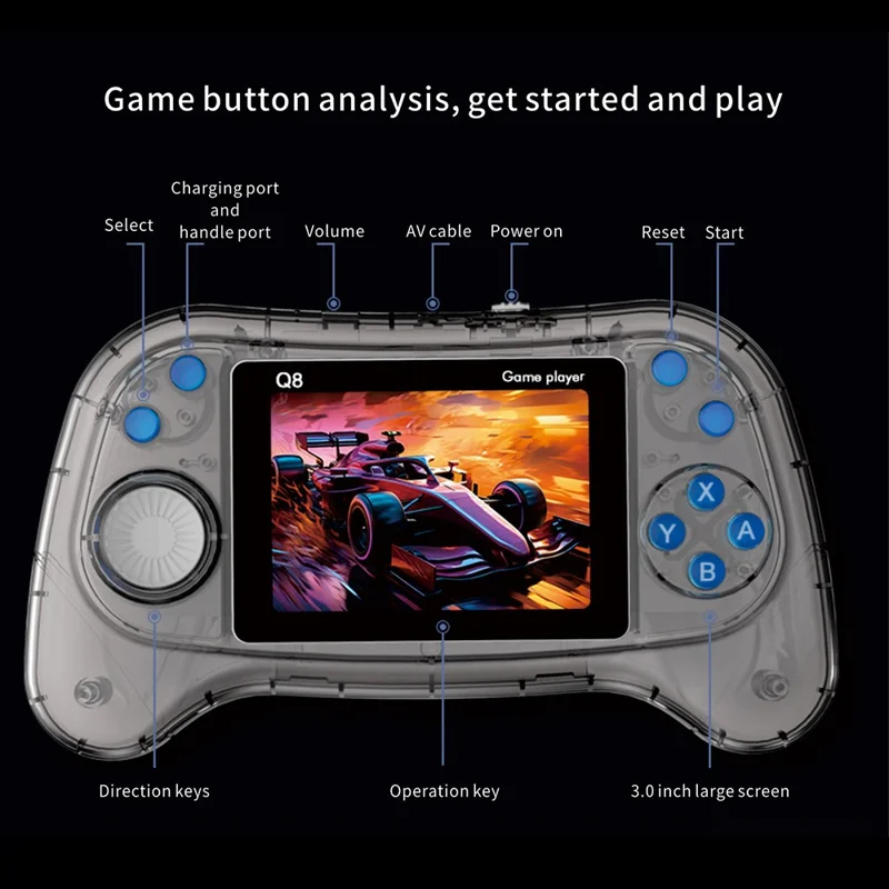 Q8 Retro Game Console with Handheld Controller Built-In 800 Games for 2 Players - Transparent Blue