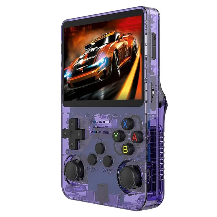 R36s Consola de Juegos Portátil Retro con Pantalla IPS de 3,5 Pulgadas y Tarjeta TF de 64 GB - Morado Transparente