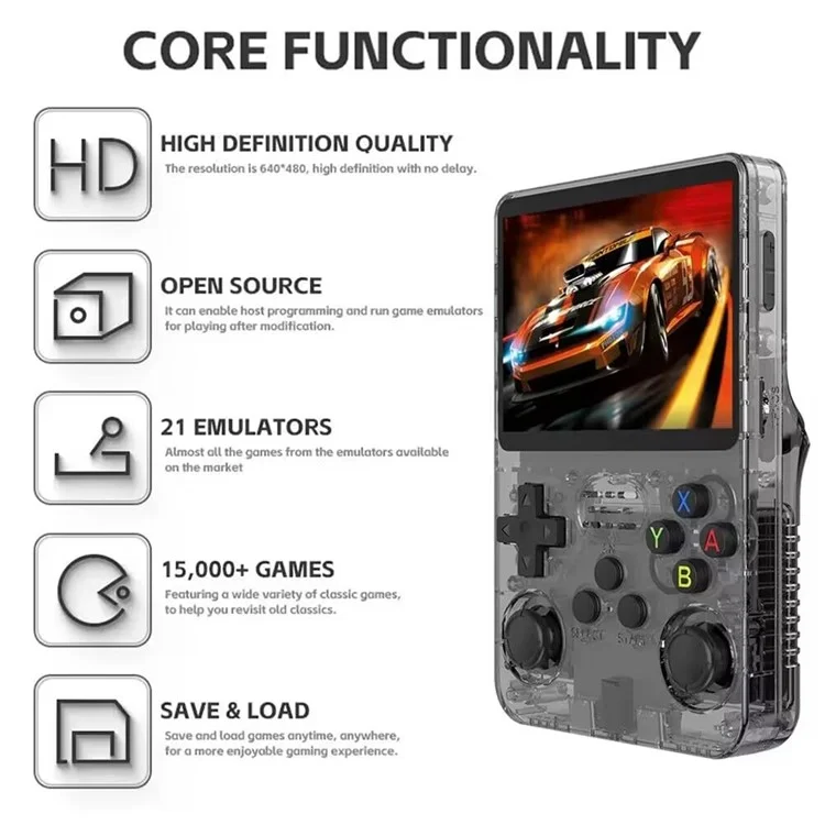R36s Consola de Juegos Portátil Retro con Pantalla IPS de 3,5 Pulgadas y Tarjeta TF de 64 GB - Morado Transparente