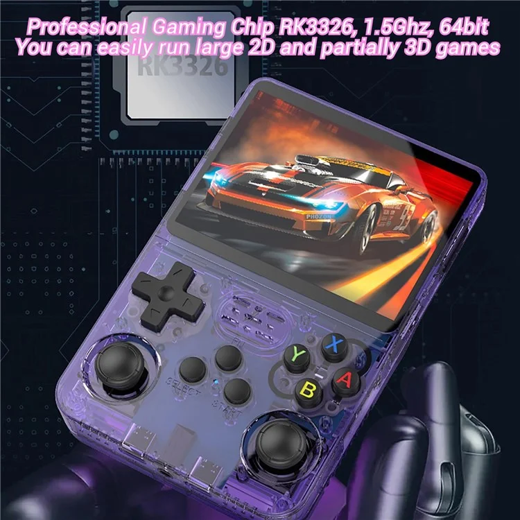 R36s Consola de Juegos Portátil Retro con Pantalla IPS de 3,5 Pulgadas y Tarjeta TF de 64 GB - Morado Transparente