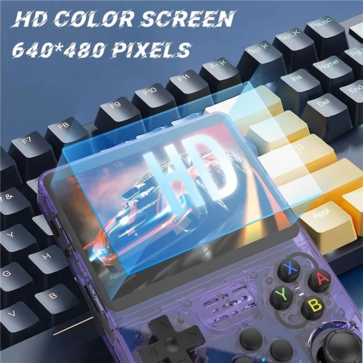 R36s Consola de Juegos Portátil Retro con Pantalla IPS de 3,5 Pulgadas y Tarjeta TF de 64 GB - Morado Transparente