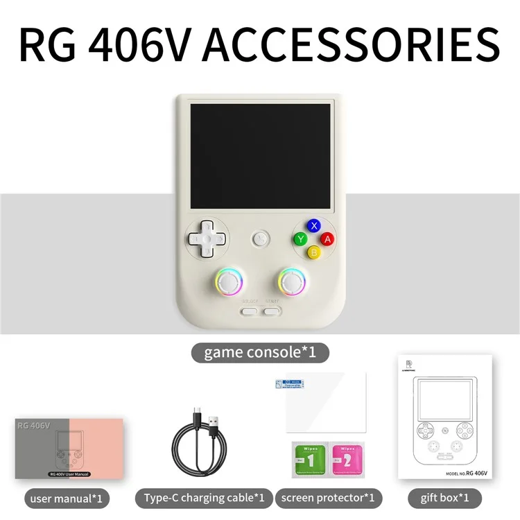 ANBERNIC RG406V Handheld Game Console 4 inch 960*720P IPS Touch Screen Android 13 Game Console with 128G + 256G Card - White