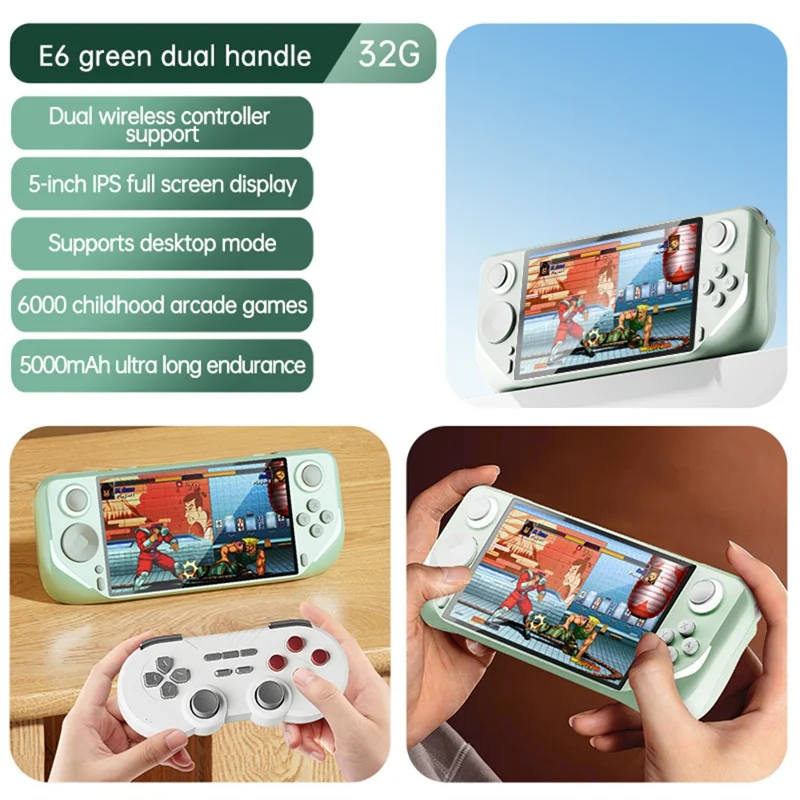 E6 5-Zoll-Tragbare Handheld-Videospielkonsole Android-System E-Sport-Spielemaschine (ohne Karte und Spiele) - Grün