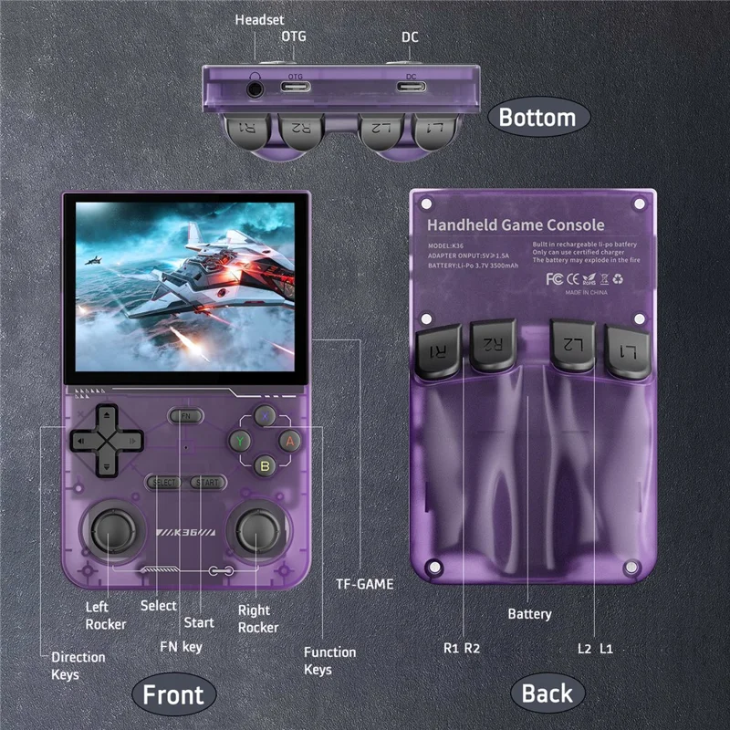 K36 Open Source Handheld Linux Gaming Console Retro Arcade Nostalgic Game Machine (No Memory Card) - Purple