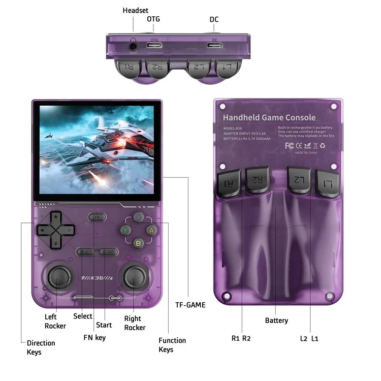 Console de jeu portable Linux open source K36 avec machine de jeu rétro et carte mémoire 64 Go - Violet