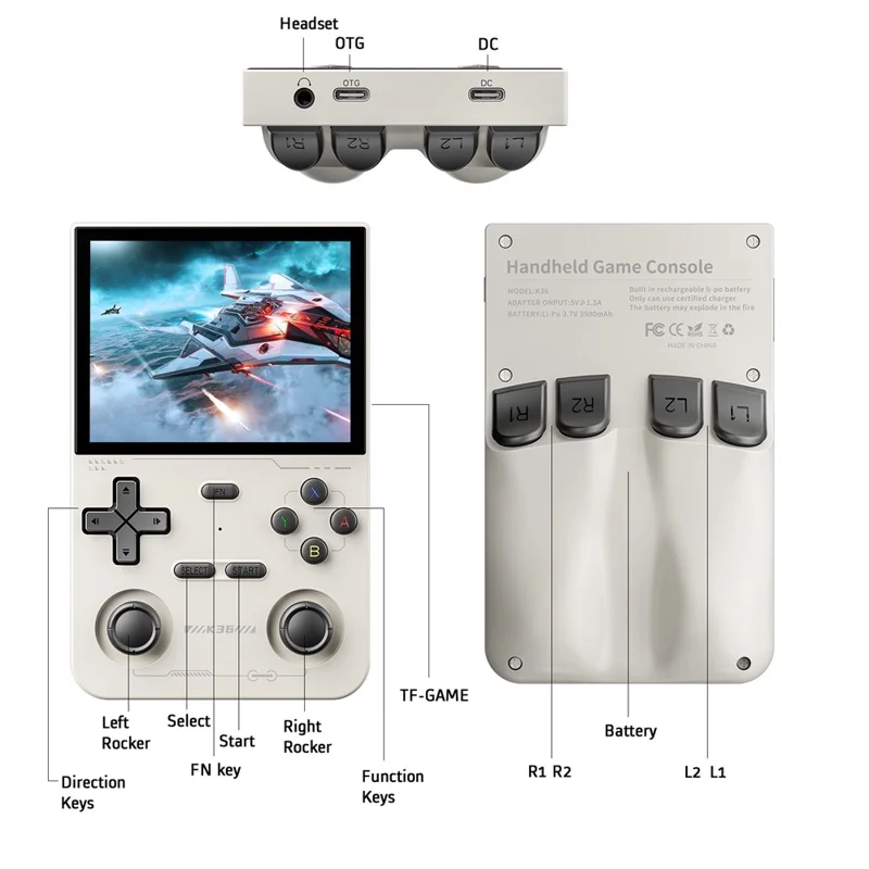 K36 Open Source Handheld Linux Gaming Console Nostalgic Arcade Game Machine with 64G Memory Card - White