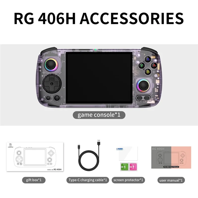 AMPOWN RG406H 4 inch Display 128G Handheld Game Console for Android 13 Retro Portable Game Device - Transparent Purple