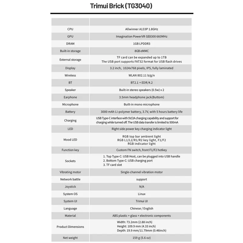 AMPOWN TRIMUI BRICK 128G Handheld Game Console 3.2 inch IPS Scherm Open Source Arcade Retro Game Apparaat - Wit