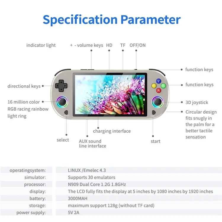 AMPOWN M22 Handheld Game Console Retro HD 5 inch Display Portable Game Device with 2 Controllers - Grey