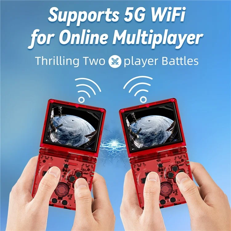 AMPOWN RG35XXSP 32G + 64G Console de jogos portátil retrô dobrável com Wi-Fi e Bluetooth - Vermelho Transparente