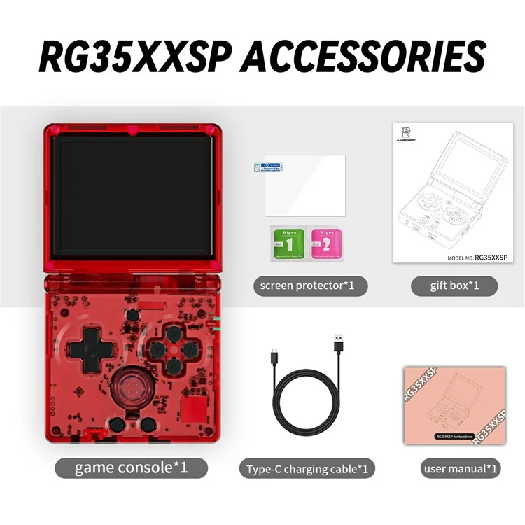 AMPOWN RG35XXSP 32G + 64G Console de jogos portátil retrô dobrável com Wi-Fi e Bluetooth - Vermelho Transparente