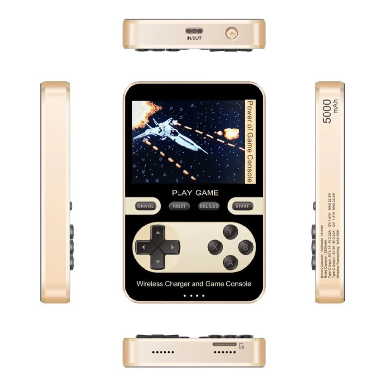 001 15W Magnetic Wireless Fast Charging Power Bank Handheld Game Console with Built-in 500 Games - Gold