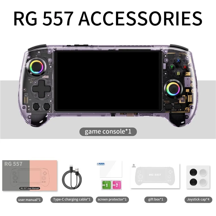 Console de Jogos Portátil ANBERNIC AMPOWN RG557 Android 14 com Wi-Fi 6, 12GB+256GB (Sem Jogos) - Roxo Transparente