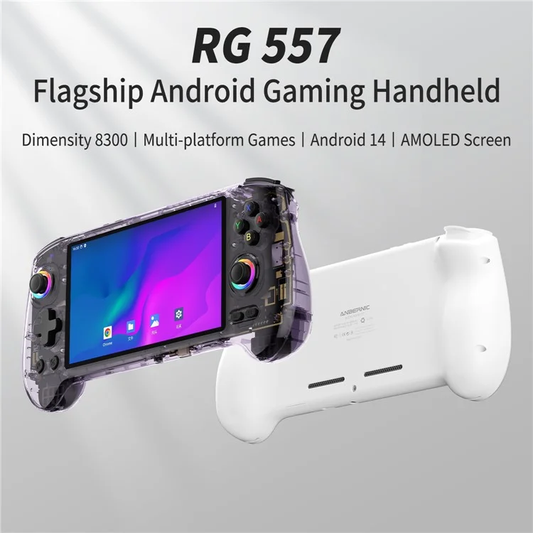 Console de Jogos Portátil ANBERNIC AMPOWN RG557 Android 14 com Wi-Fi 6, 12GB+256GB (Sem Jogos) - Roxo Transparente