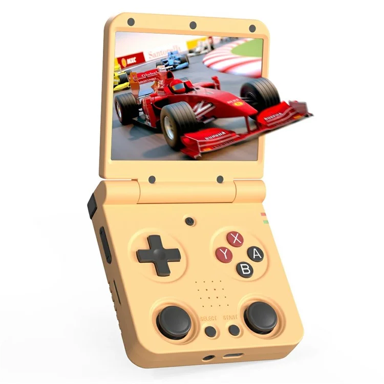 AMPOWN Miyoo Flipv2 Consola de juegos portátil con pantalla IPS de 3.5 pulgadas, sistema operativo Linux, dispositivo de juego portátil con tarjeta de 64 GB - Amarillo