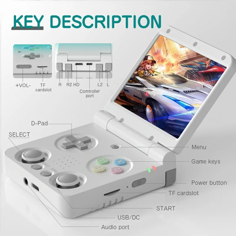 AMPOWN Miyoo Flip V2 Mando de juego portátil de 3,5 pulgadas con pantalla IPS, consola de videojuegos con sistema operativo Linux Onion, incluye tarjeta de memoria de 128G - Negro