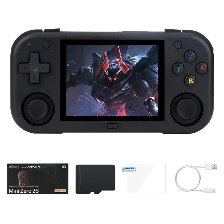 AMPOWN MINI ZERO 28 Console de jeu portable 64 bits Android Écran IPS 2,8 pouces Contrôleur de jeu rétro, avec carte TF 64 Go - Noir