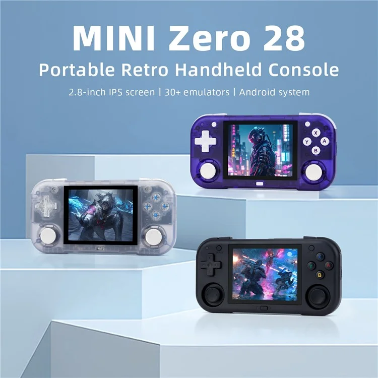 AMPOWN MINI ZERO 28 Console de jeu portable 64 bits Android Écran IPS 2,8 pouces Contrôleur de jeu rétro, avec carte TF 64 Go - Noir