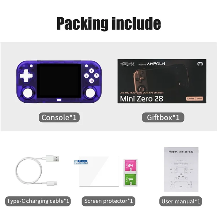 AMPOWN MINI ZERO 28 Handheld Game Console 64 Bit Android 2.8 Inch IPS Screen Retro Gaming Controller, with 64G TF Card - Purple