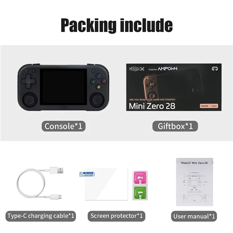 AMPOWN MINI ZERO 28 Console per Videogiochi Portatile con Schermo IPS da 2,8 Pollici, Controller Retrò 64 Bit Android, con Scheda TF da 128G - Nero