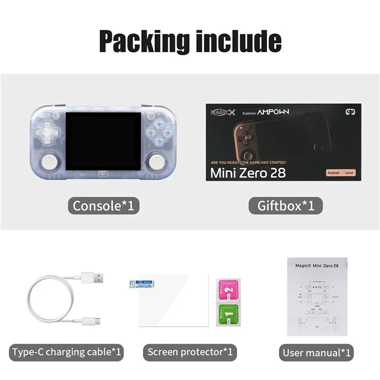 AMPOWN MINI ZERO 28 Handheld Game Console 64 Bit Android 2.8 Inch IPS Screen Retro Gaming Controller, with 128G TF Card - Glacier Blue