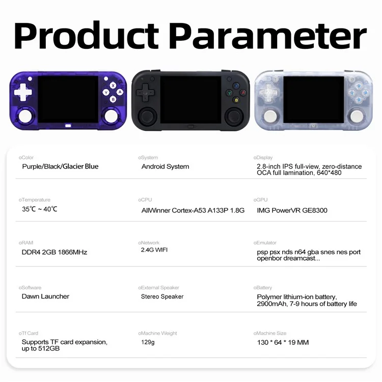 AMPOWN MINI ZERO 28 Handheld Game Console 64 Bit Android 2.8 Inch IPS Screen Retro Gaming Controller, with 128G TF Card - Purple