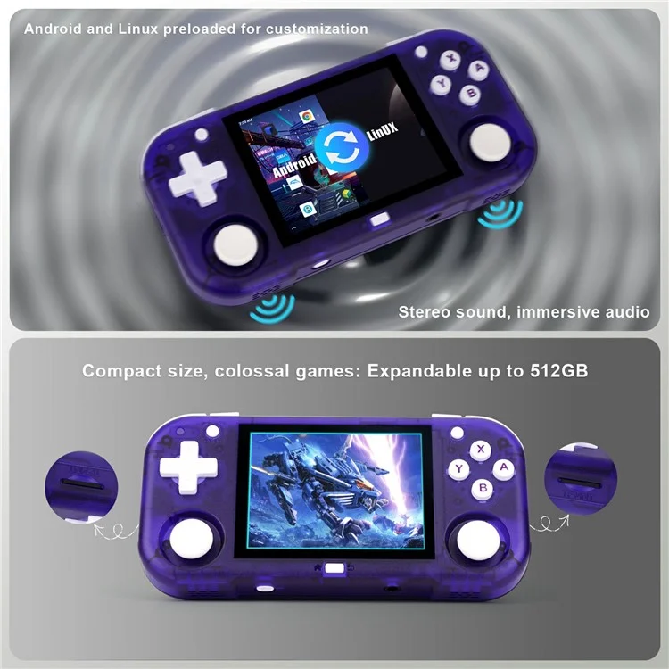 AMPOWN MINI ZERO 28 Handheld Game Console 64 Bit Android 2.8 Inch IPS Screen Retro Gaming Controller, with 128G TF Card - Purple