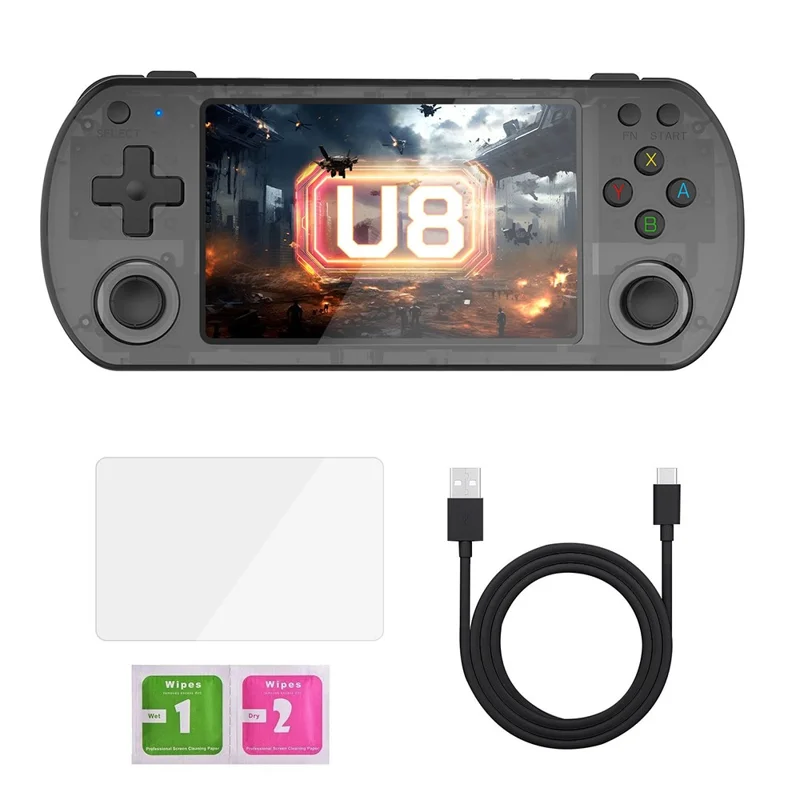 Consola de Juegos Portátil Retro U8 con Sistema Linux de Código Abierto, Pantalla IPS de 4,0 Pulgadas, Almacenamiento de 64 GB - Negro Transparente