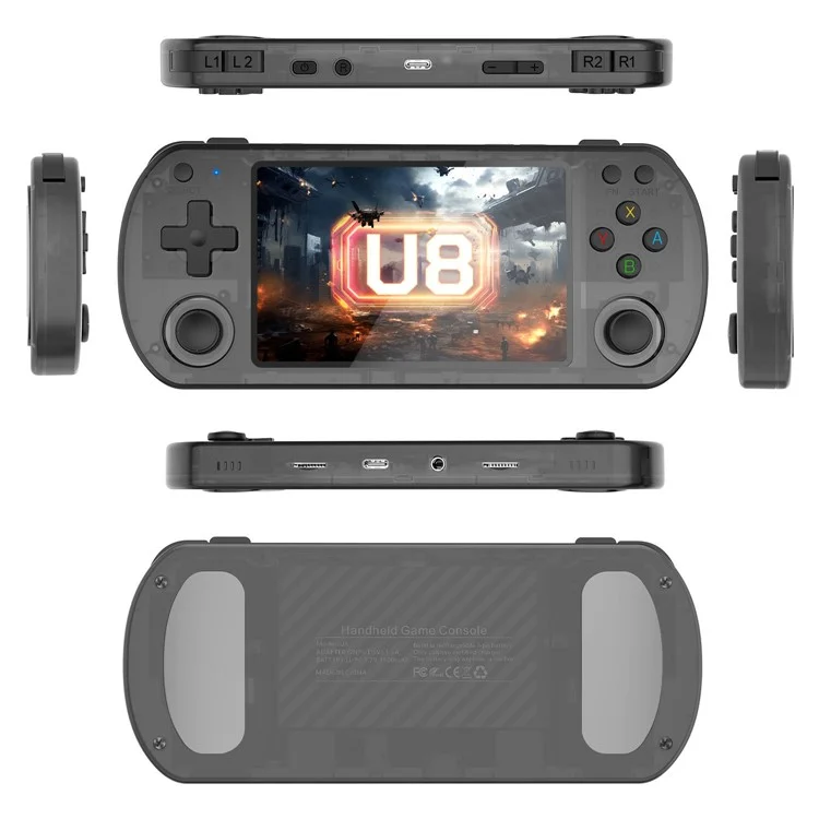 Consola de Juegos Portátil Retro U8 con Sistema Linux de Código Abierto, Pantalla IPS de 4,0 Pulgadas, Almacenamiento de 64 GB - Negro Transparente