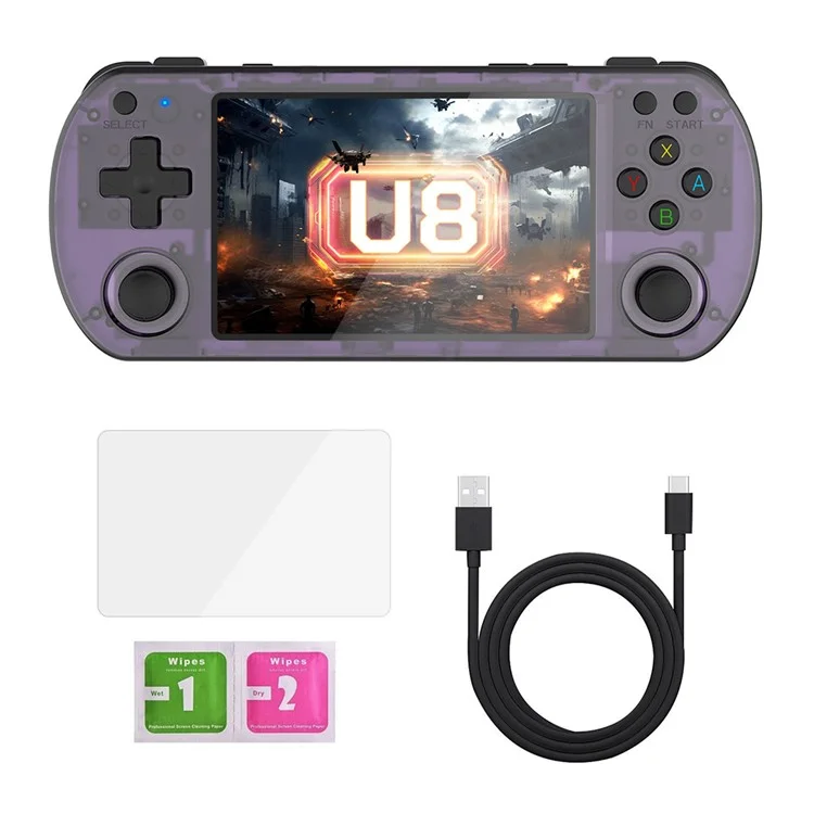 U8 Open Source Linux System 4.0 Inch IPS Screen Retro Handheld Game Console, 64GB Storage - Transparent Purple