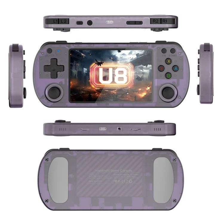 U8 Open Source Linux System 4.0 Inch IPS Screen Retro Handheld Game Console, 64GB Storage - Transparent Purple