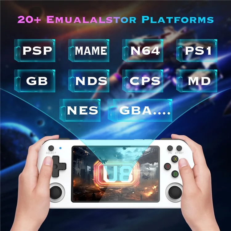 U8 Open Source Linux System 4.0 Inch IPS Screen Retro Handheld Game Console, 64GB Storage - Transparent Purple