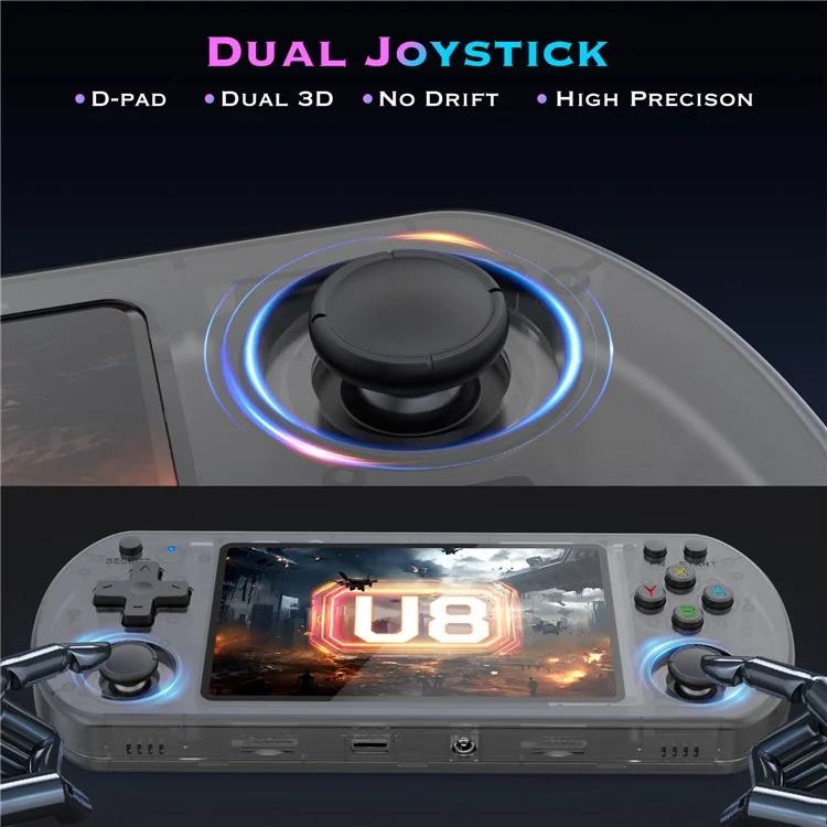 U8 Open Source Linux System 4.0 Inch IPS Screen Retro Handheld Game Console, 64GB Storage - Transparent Purple
