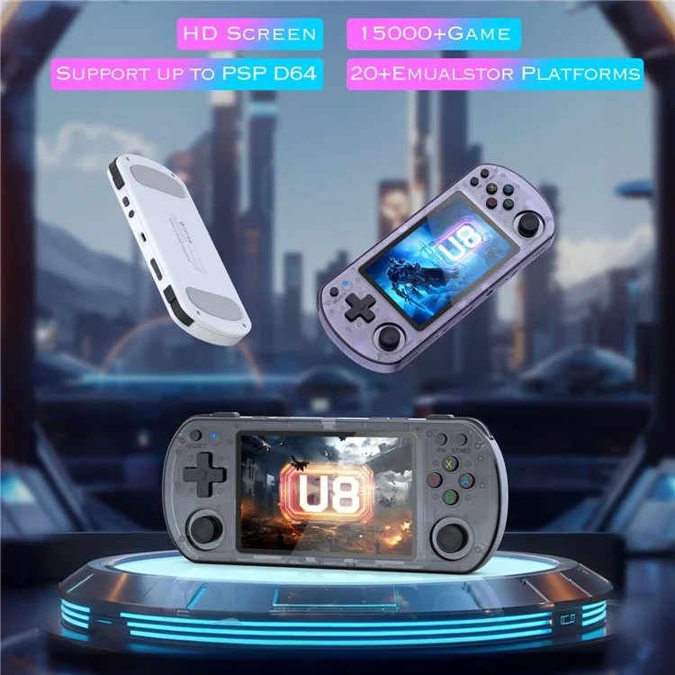 U8 Open Source Linux System 4.0 Inch IPS Screen Retro Handheld Game Console, 64GB Storage - Transparent Purple
