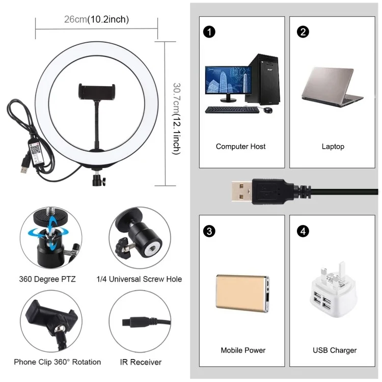 PULUZ 10.2" 26cm RGBW Dimmable LED Ring Photo Light with Remote Control & Mobile Phone Clip PU430B