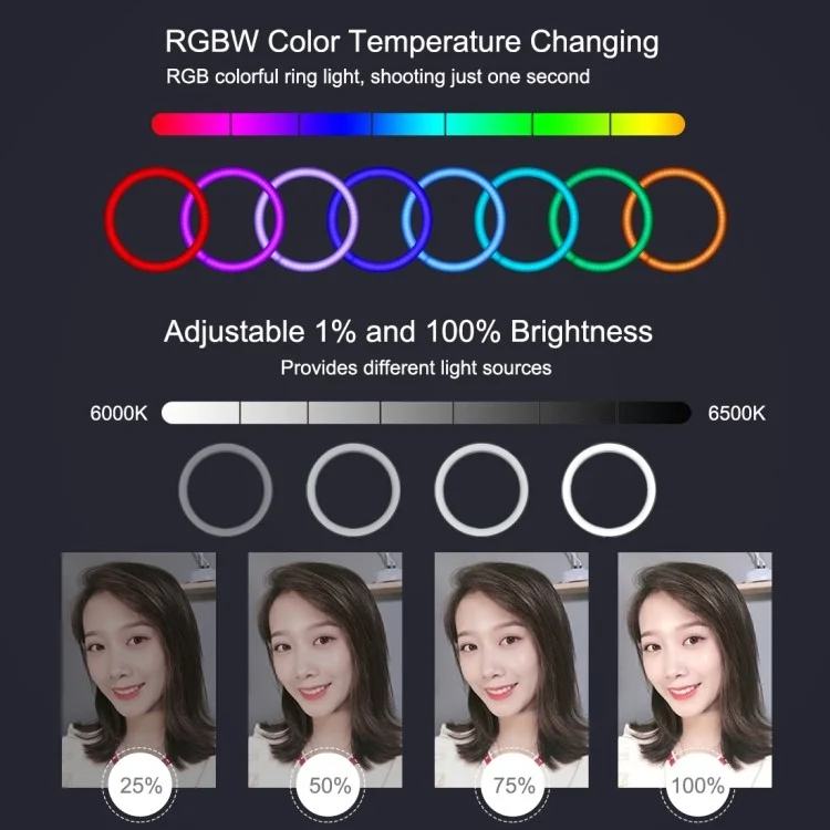 Puluz 10.2 "26cm RGBW Dimmable LED Ring Photo Light Com Controle Remoto & Clipe de Telefone Celular Pu430b