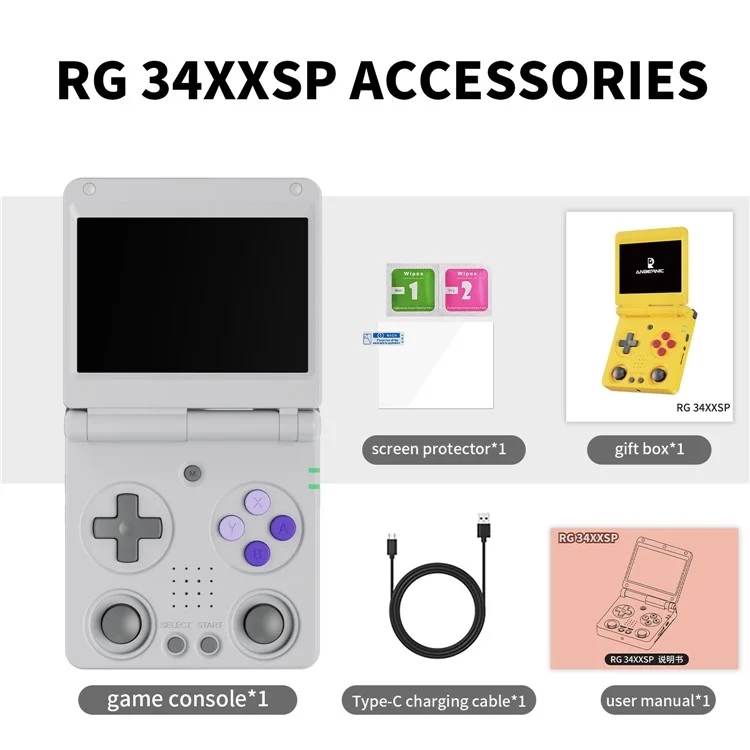AMPOWN RG34XXSP 3.4 Inch IPS Screen Retro Handheld Game Console Foldable Wireless Gamepad, with 64G TF Card - Grey