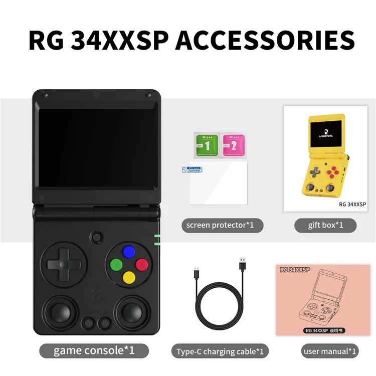 AMPOWN RG34XXSP Consola de Juegos Portátil Retro de 3,4 Pulgadas con Pantalla IPS, Gamepad Inalámbrico Plegable, con Tarjeta TF de 64G + 256G - Negro