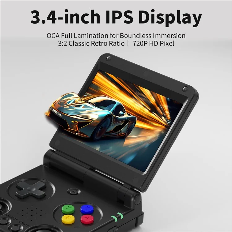 AMPOWN RG34XXSP Consola de Juegos Portátil Retro de 3,4 Pulgadas con Pantalla IPS, Gamepad Inalámbrico Plegable, con Tarjeta TF de 64G + 256G - Negro