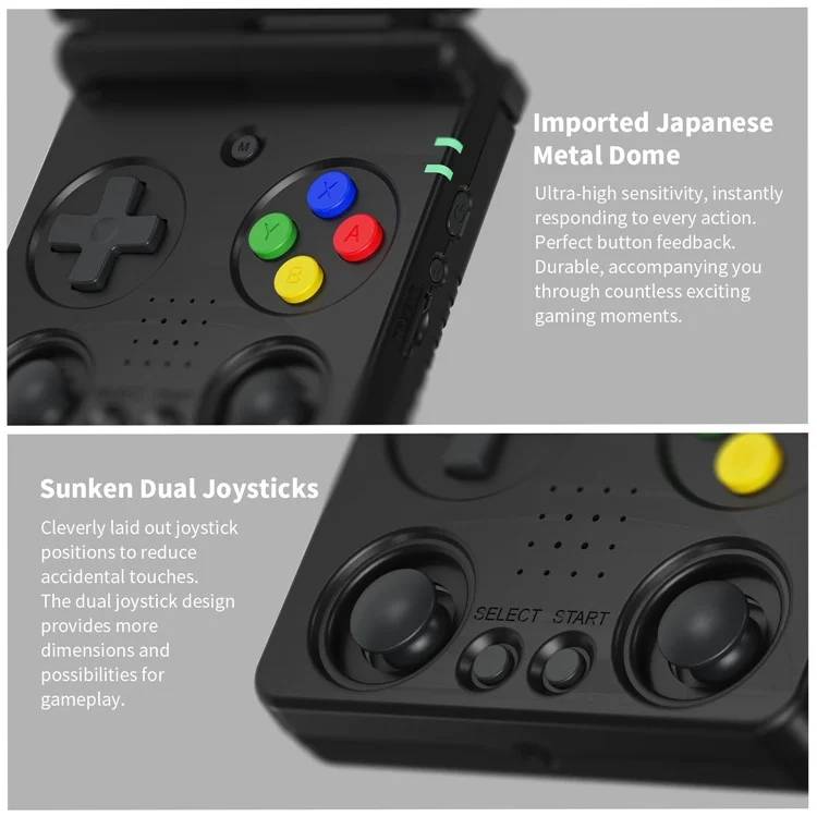 AMPOWN RG34XXSP Consola de Juegos Portátil Retro de 3,4 Pulgadas con Pantalla IPS, Gamepad Inalámbrico Plegable, con Tarjeta TF de 64G + 256G - Negro