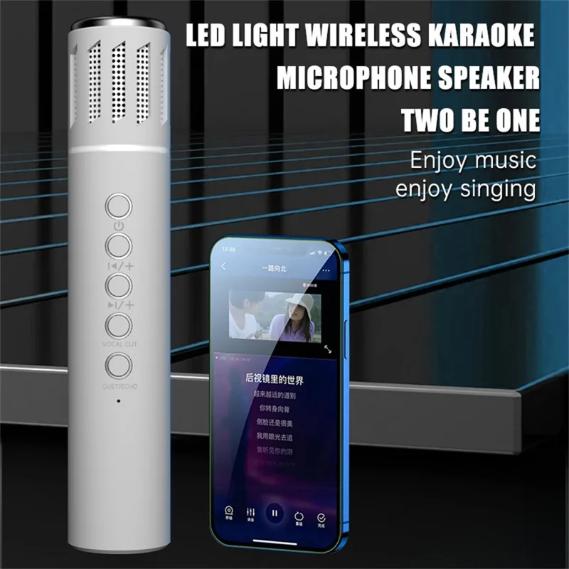 K20 2 in 1 Microfono Karaoke Wireless Bluetooth con Altoparlante e Luci LED Colorate - Bianco