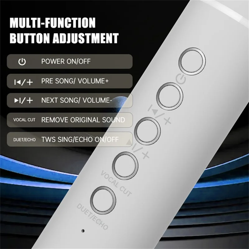 K20 2 in 1 Microfono Karaoke Wireless Bluetooth con Altoparlante e Luci LED Colorate - Bianco