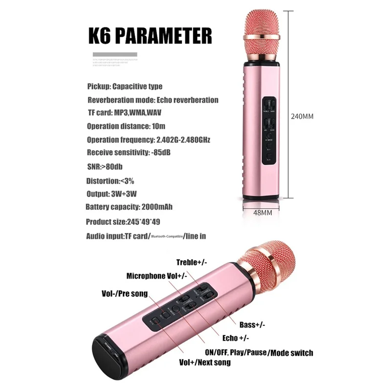 K6 2 in 1 Wireless Microphone Bluetooth-Compatible Speaker with LED Light HiFi Sound Reverb Effect Karaoke Device - Pink