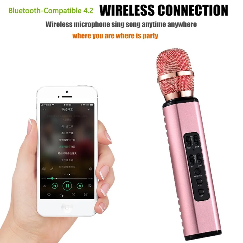 K6 2 in 1 Wireless Microphone Bluetooth-Compatible Speaker with LED Light HiFi Sound Reverb Effect Karaoke Device - Pink