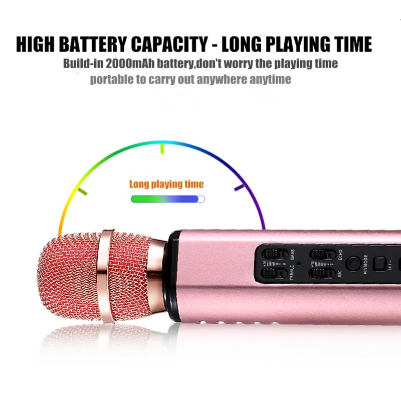 K6 2 in 1 Wireless Microphone Bluetooth-Compatible Speaker with LED Light HiFi Sound Reverb Effect Karaoke Device - Pink