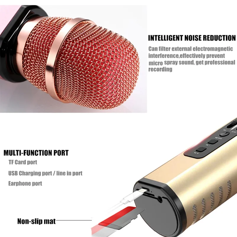 K6 2 in 1 Wireless Microphone Bluetooth-Compatible Speaker with LED Light HiFi Sound Reverb Effect Karaoke Device - Gold